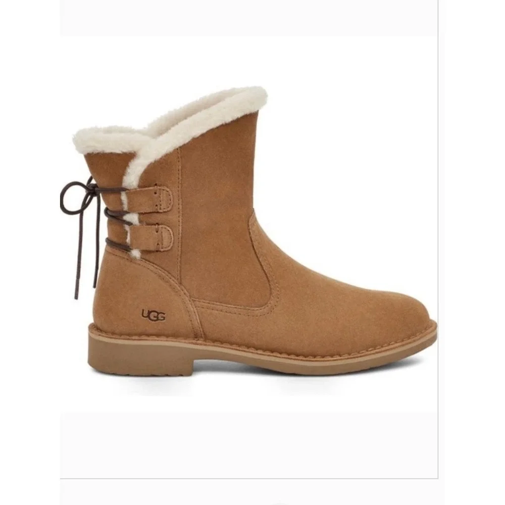 UGG Plush Naiyah Boots Women 9 Chestnut Brown Suede Shearling Lace Back